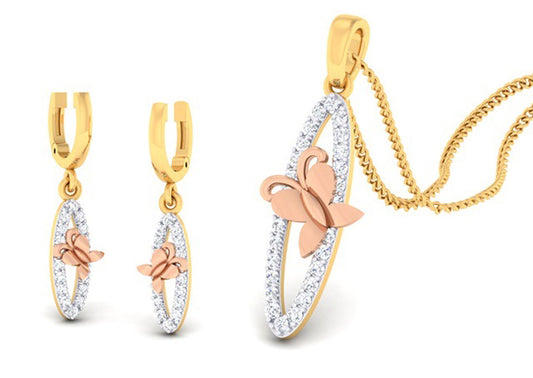 SHARP LONG OVAL SHAPE BUTTERFLY GOLD DIAMOND PENDANT SET